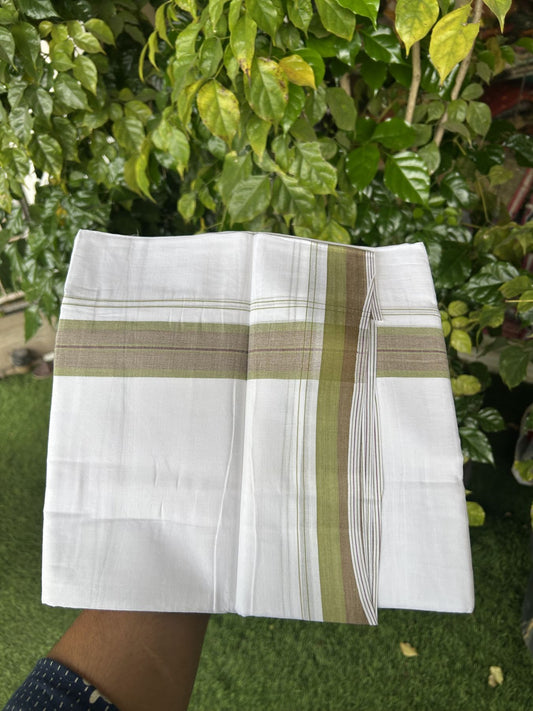 20% Discount! KaithariKada Balaramapuram 100% Cotton Double Pure white Mundu/Dhoti - 100X80 - 1.5 inch Light Green & Purple shaded Stripes kara - 4 mtr ( 8.5 muzham) - 116 KK5341 VIN