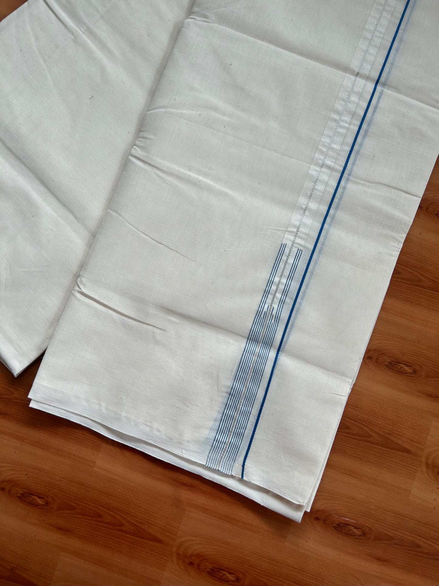 20% Discount! KaithariKada Balaramapuram 100% Cotton Double Off white Mundu/Dhoti- 100x100 - 0.75 inch Puliyilakkara Silver Kasav & Blue Striped Chutty Kara - 4 mtr (8.5 muzham) - 5 KK5381 ASH