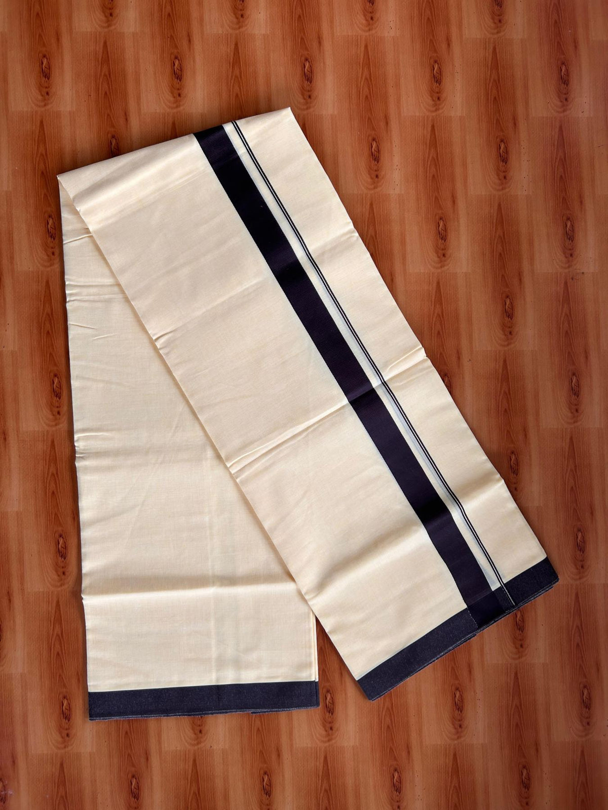 Kannur Yellow Double Mundu/Dhoti - 20% Discount! KaithariKada - 60s - 50% Cotton & 50% Polyester - Kannur Yellow Colour Body with 1.25 inch Dark Brown Kara - 4 mtr (8.5 muzham) - 1 KK5522 VAS