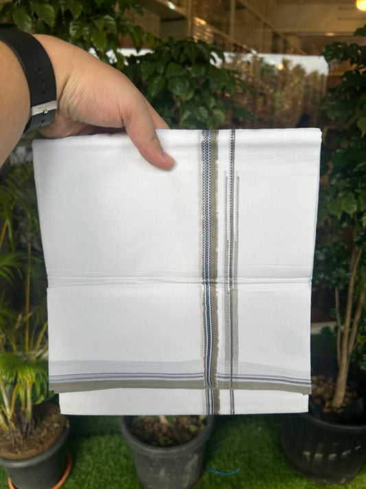 20% Discount !! Kaitharikada Balaramapuram 100% Cotton PURE WHITE DOUBLE Mundu/Dothi- 100X80 Thread- 0.5 inch - Silver Kasavu Black & Olive Green Design Chutty Kara - 1KK5184RAMS