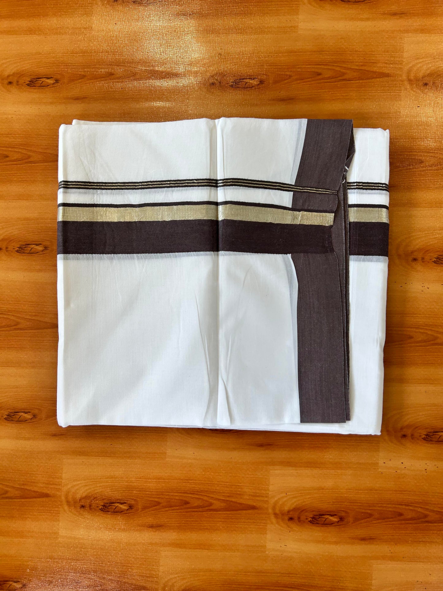 Pure White Double Mundu/Dhoti - 20% Discount ! Kaitharikada 100% Cotton - 100x80 - 1.5 inch Silver Kasav & Chocolate Brown Stripes Kara 3.80 mtr (8 muzham) - 13 KK5456 THI