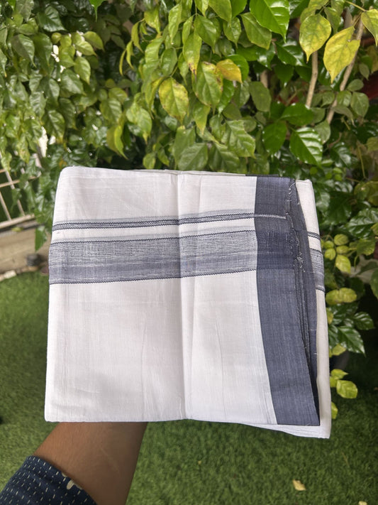 20% Discount! KaithariKada Balaramapuram 100% Cotton Double Pure white Mundu/Dhoti- 100X80 - 1.5 inch Navy Blue Shaded Kara - 4 mtr ( 8.5 muzham) - 33 KK5341 VIN