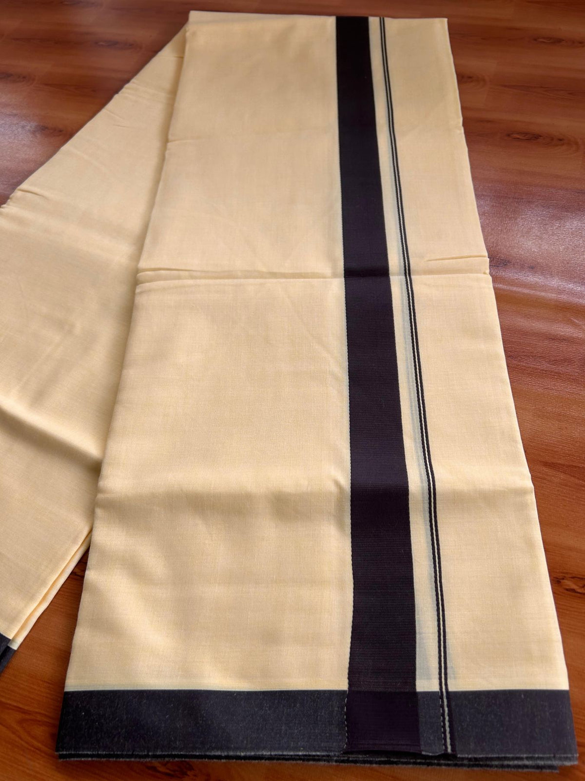 Kannur Yellow Double Mundu/Dhoti - 20% Discount! KaithariKada - 60s - 50% Cotton & 50% Polyester - Kannur Yellow Colour Body with 1.25 inch Dark Brown Kara - 4 mtr (8.5 muzham) - 1 KK5522 VAS