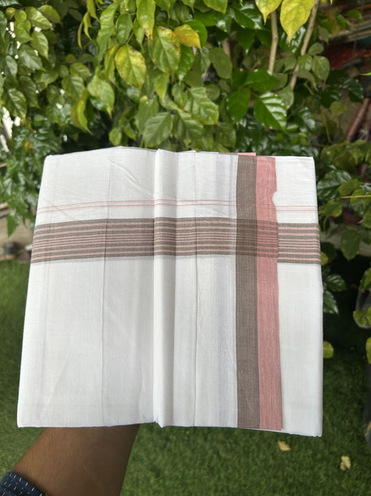 20% Discount! KaithariKada Balaramapuram 100% Cotton Double Pure white Mundu/Dhoti- 100X80 - 1.5 inch Peach & Brown Striped kara - 4 mtr ( 8.5 muzham) - 13 KK5341 VIN