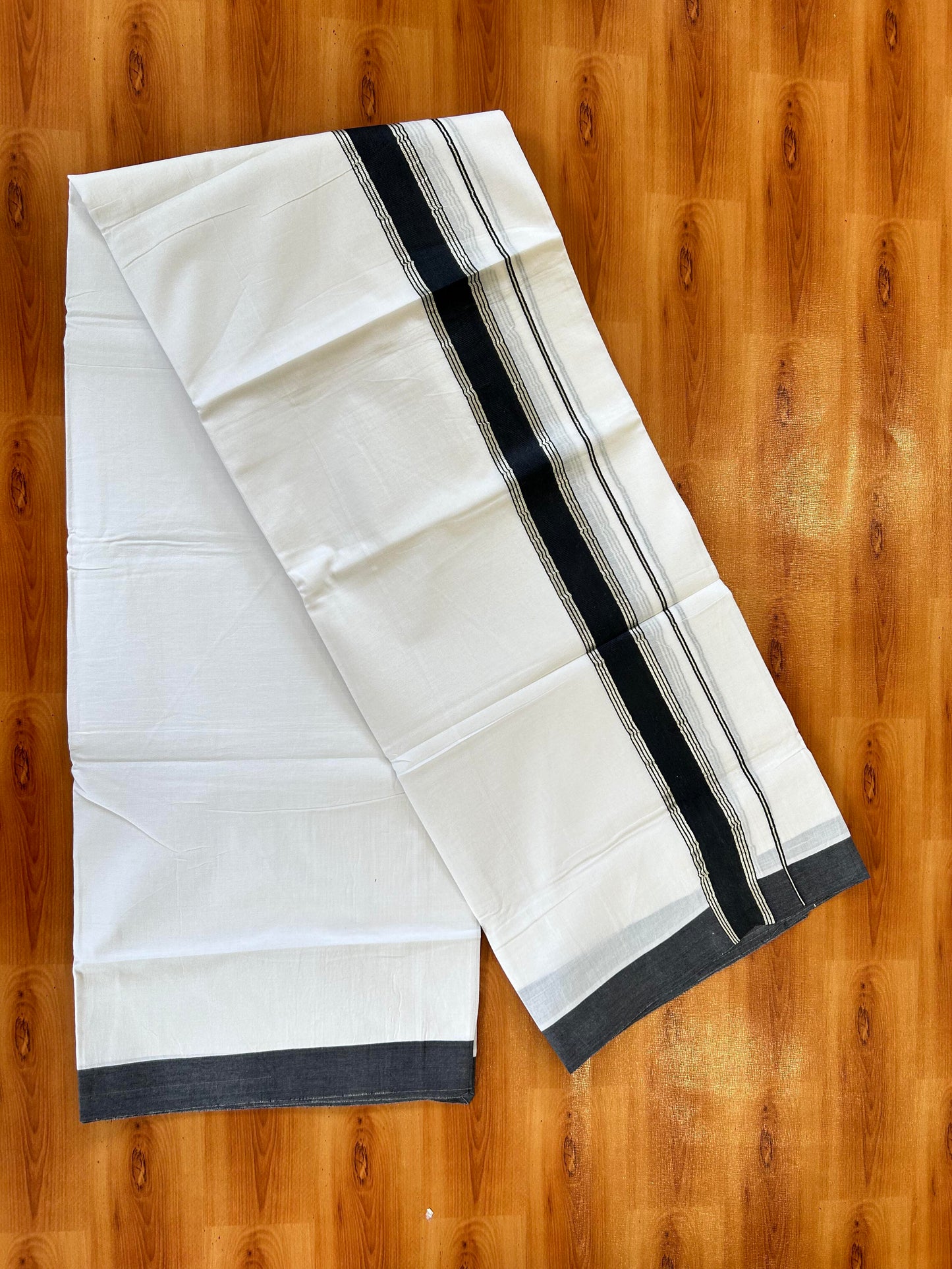 Pure White Double Mundu/Dhoti - 20% Discount ! Kaitharikada Balaramapuram 100% Cotton - 100x80 - 1.5 inch Silver Kasav & Black Stripes Kara 3.80 mtr (8 muzham) - 11 KK5456 THI