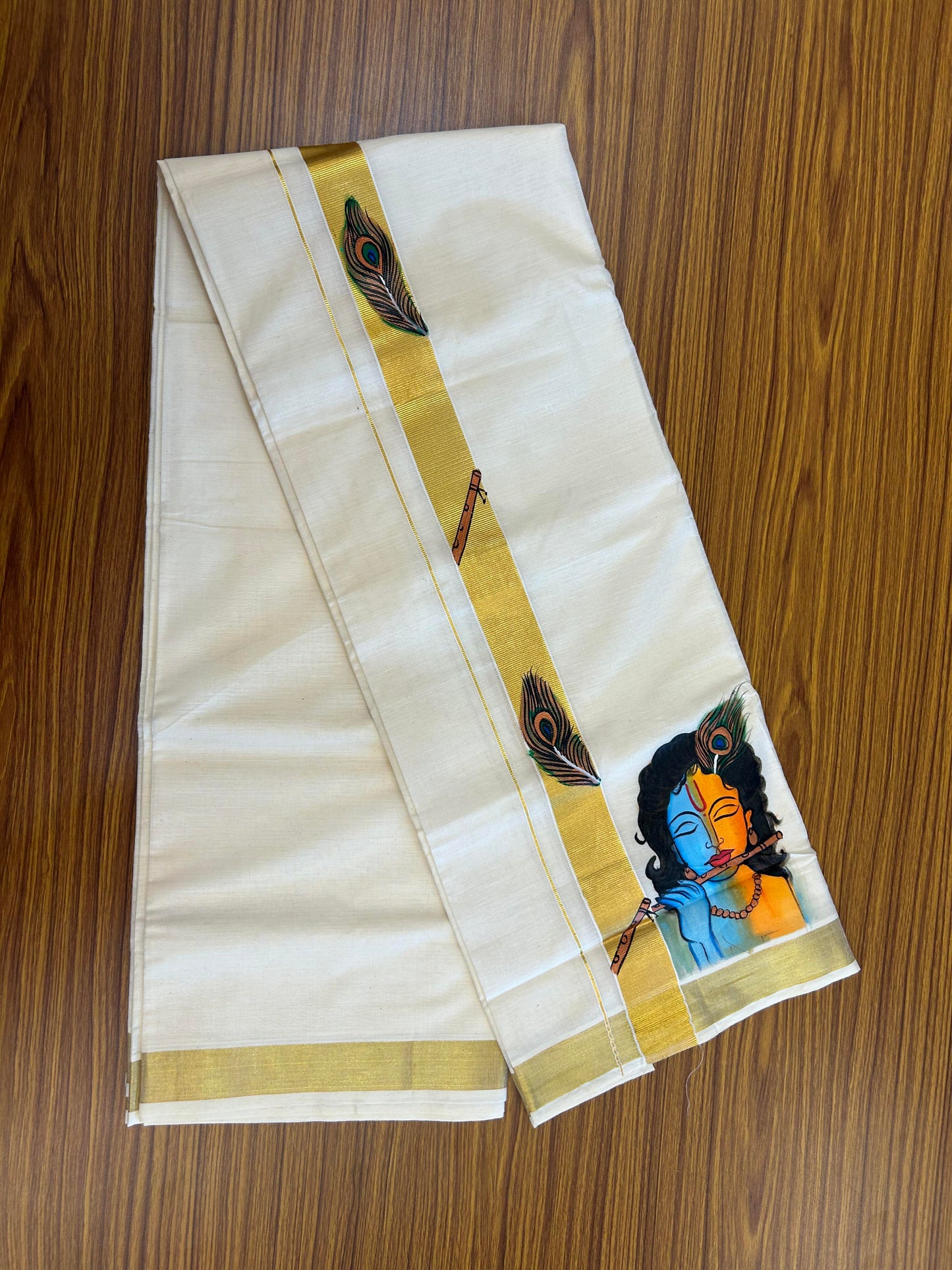 20% Discount! KaithariKada Balaramapuram 100% Cotton off white Double - (Unbleached) Mundu/Dhoti (80s) - 1.5 Inch Gold Kasavu Hand Painted Peacock Feather Flute & Krishna - 36 KK5363 VIN
