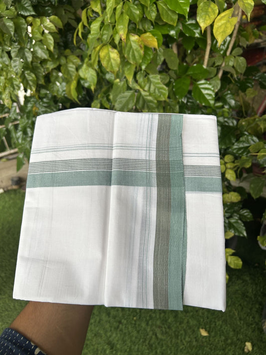 20% Discount! KaithariKada Balaramapuram 100% Cotton Double Pure white Mundu/Dhoti- 100X80 - 1.5 inch Brown & Light Sea Green kara - 4 mtr ( 8.5 muzham) - 9 KK5341 VIN