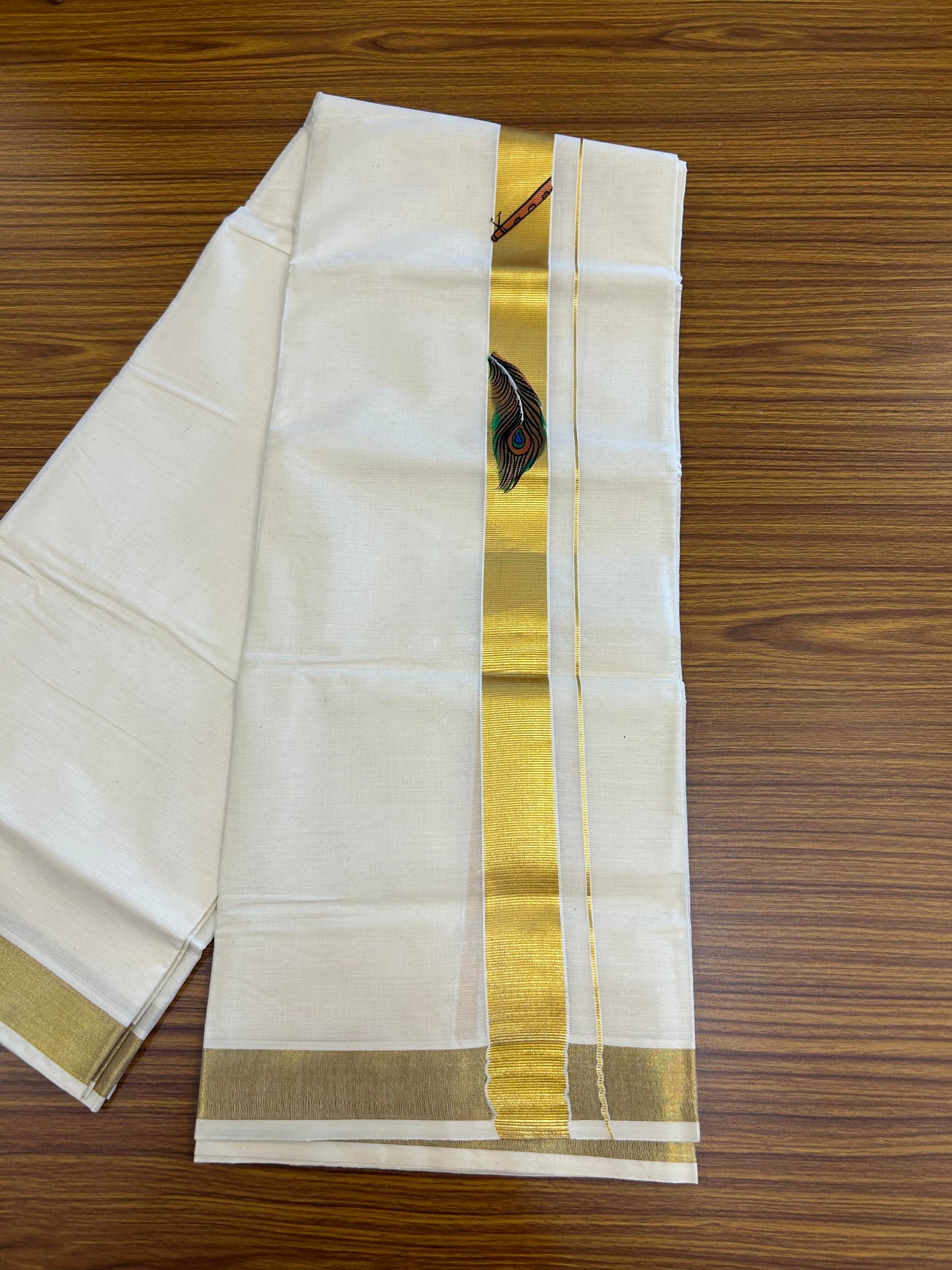 20% Discount! KaithariKada Balaramapuram 100% Cotton off white Double - (Unbleached) Mundu/Dhoti (80s) - 1.5 Inch Gold Kasavu Hand Painted Peacock Feather Flute & Krishna - 36 KK5363 VIN