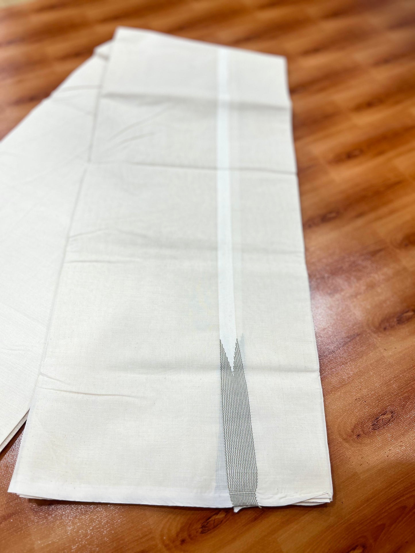 Double Off white Mundu/Dhoti - 20% Discount! KaithariKada Balaramapuram 100% Cotton - 100x100 - 0.5 inch Puliyilakkara Sage Grey Striped Chutty Kara - 4 mtr (8.5 muzham) - 12 KK5401 ASH