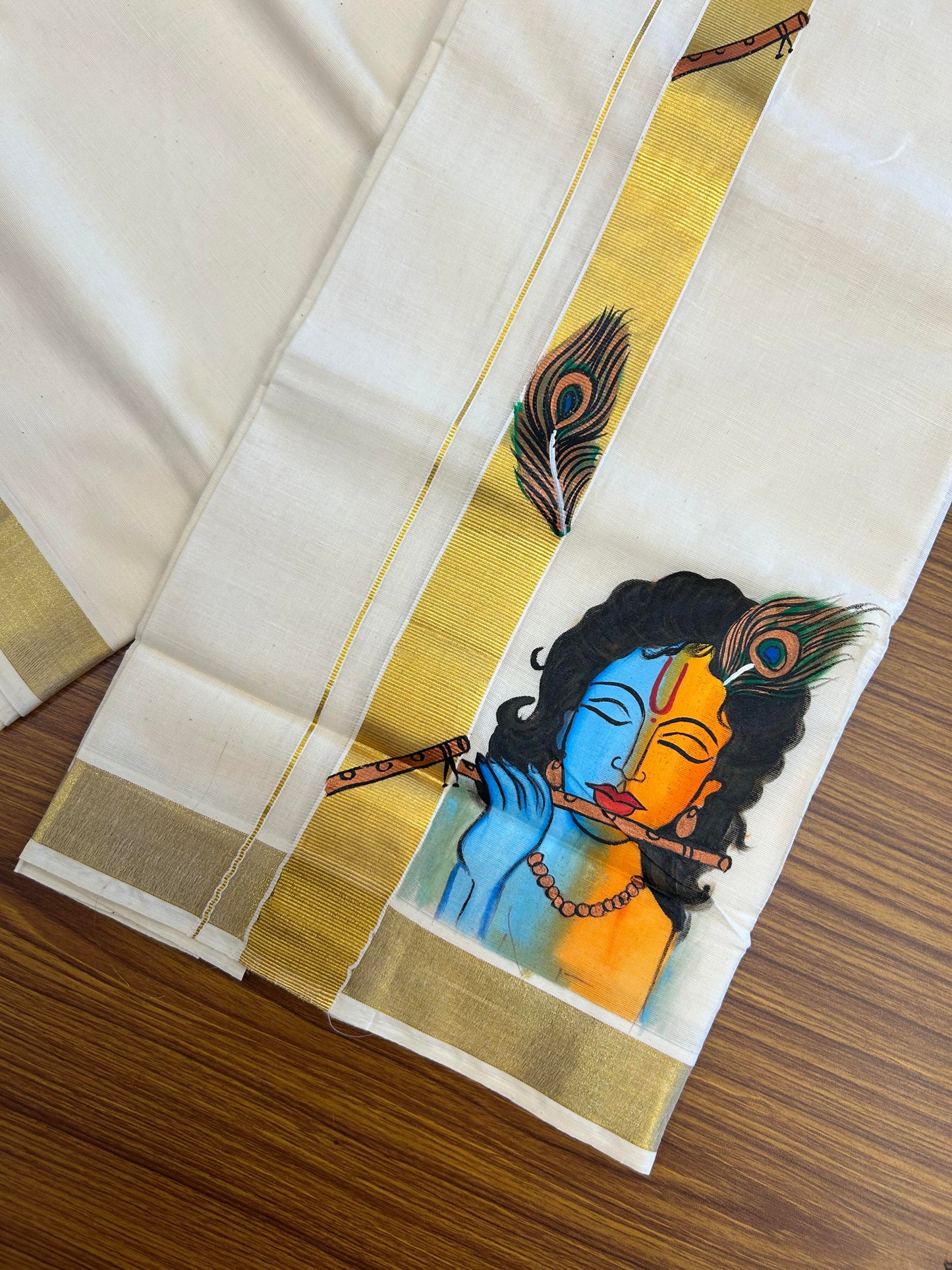 20% Discount! KaithariKada Balaramapuram 100% Cotton off white Double - (Unbleached) Mundu/Dhoti (80s) - 1.5 Inch Gold Kasavu Hand Painted Peacock Feather Flute & Krishna - 36 KK5363 VIN