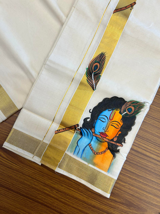 20% Discount! KaithariKada Balaramapuram 100% Cotton off white Double - (Unbleached) Mundu/Dhoti (80s) - 1.5 Inch Gold Kasavu Hand Painted Peacock Feather Flute & Krishna - 36 KK5363 VIN