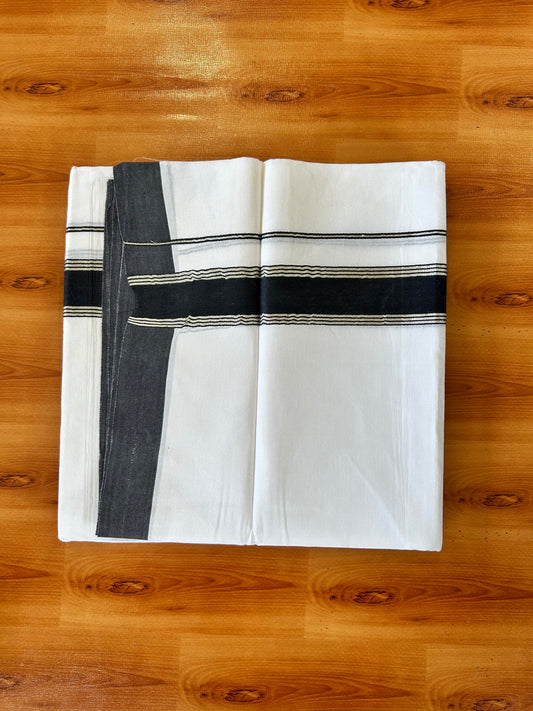 Pure White Double Mundu/Dhoti - 20% Discount ! Kaitharikada Balaramapuram 100% Cotton - 100x80 - 1.5 inch Silver Kasav & Black Stripes Kara 3.80 mtr (8 muzham) - 11 KK5456 THI