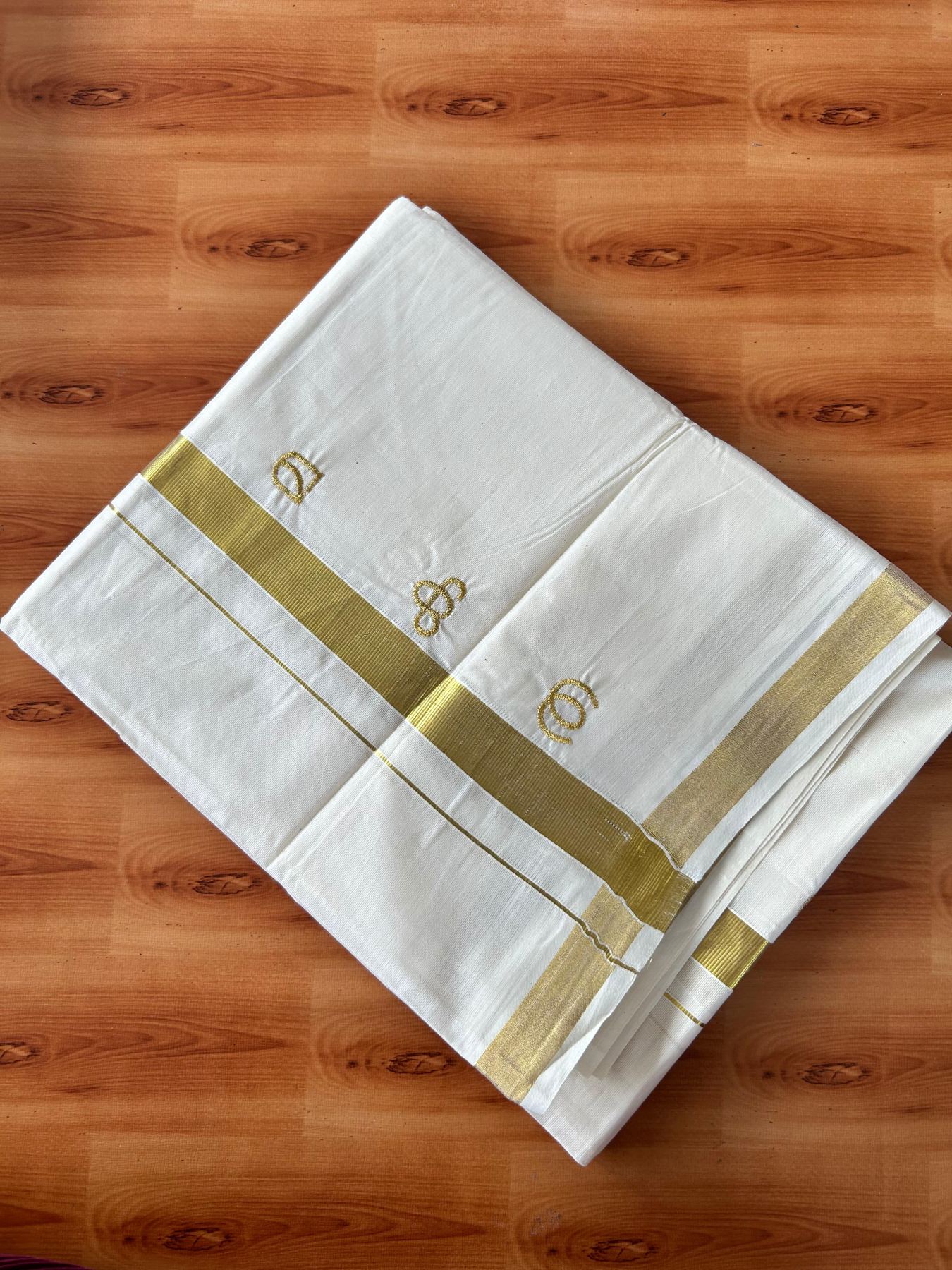 Double Off White (Unbleached) Mundu/Dhoti - 20% Discount!! KaithariKada Mixed Cotton (60s) - 2.25 inch Gold Kasav Aksharamala Printed Kara 4 mtr (8.5 Muzham) - 5 KK5487 CKS