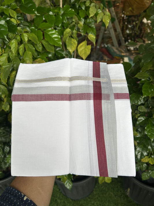 20% Discount! KaithariKada Balaramapuram 100% Cotton Double Pure white Mundu/Dhoti - 100X80 - 1.25 inch Silver Kasav Grey & Maroon shaded kara - 4 mtr ( 8.5 muzham) - 87 KK5341 VIN