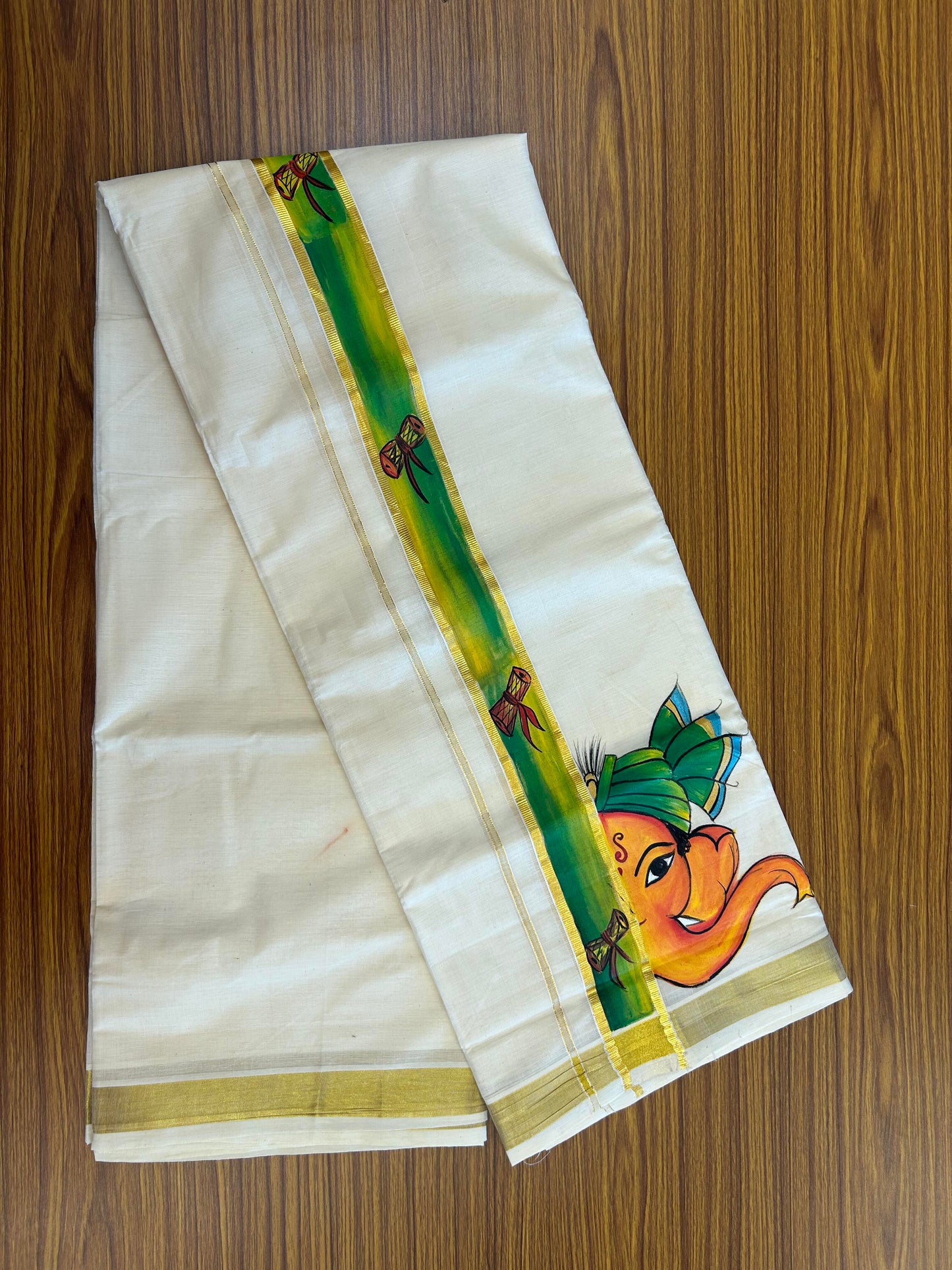 20% Discount! KaithariKada Balaramapuram 100% Cotton off white Double - (Unbleached) Mundu/Dhoti (80s) - 1.75 Inch Gold Kasavu Hand Painted Green Yellow Damru & Ganapathi - 32 KK5363 VIN