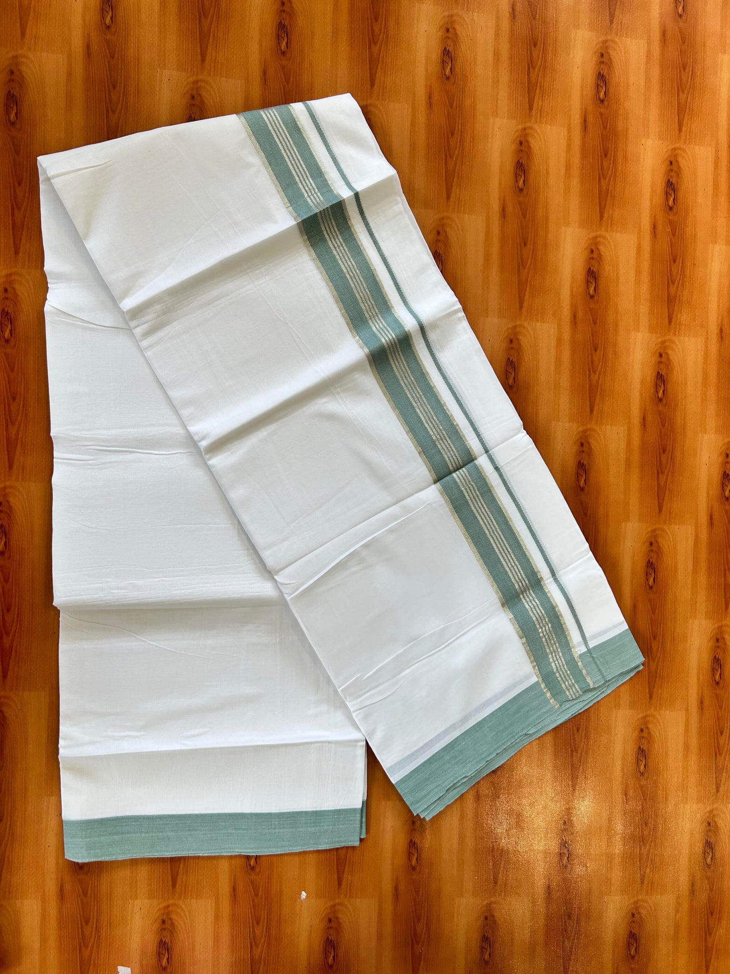 Pure White Double Mundu/Dhoti - 20% Discount ! Kaitharikada Balaramapuram 100% Cotton - 100x80 - 1.75 inch Silver Kasav & Seafoam Green Stripes Kara 3.80 mtr (8 muzham) - 10 KK5456 THI