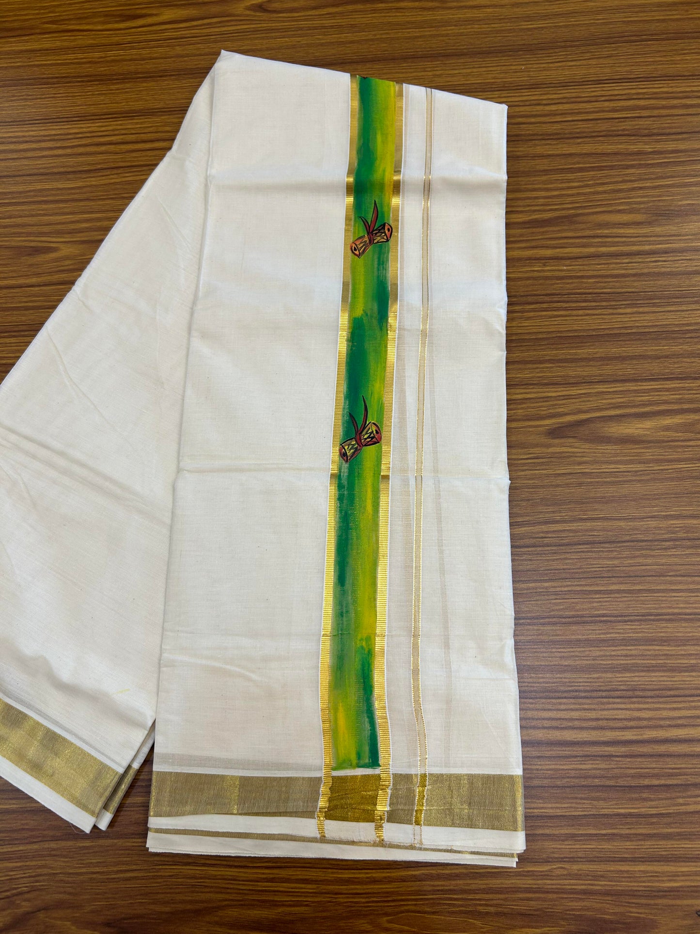 20% Discount! KaithariKada Balaramapuram 100% Cotton off white Double - (Unbleached) Mundu/Dhoti (80s) - 1.75 Inch Gold Kasavu Hand Painted Green Yellow Damru & Ganapathi - 32 KK5363 VIN