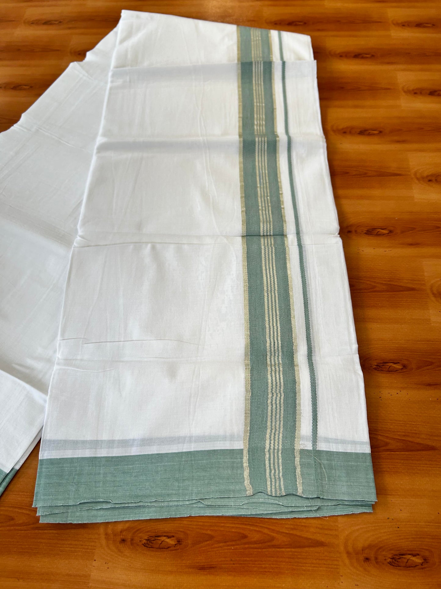 Pure White Double Mundu/Dhoti - 20% Discount ! Kaitharikada Balaramapuram 100% Cotton - 100x80 - 1.75 inch Silver Kasav & Seafoam Green Stripes Kara 3.80 mtr (8 muzham) - 10 KK5456 THI