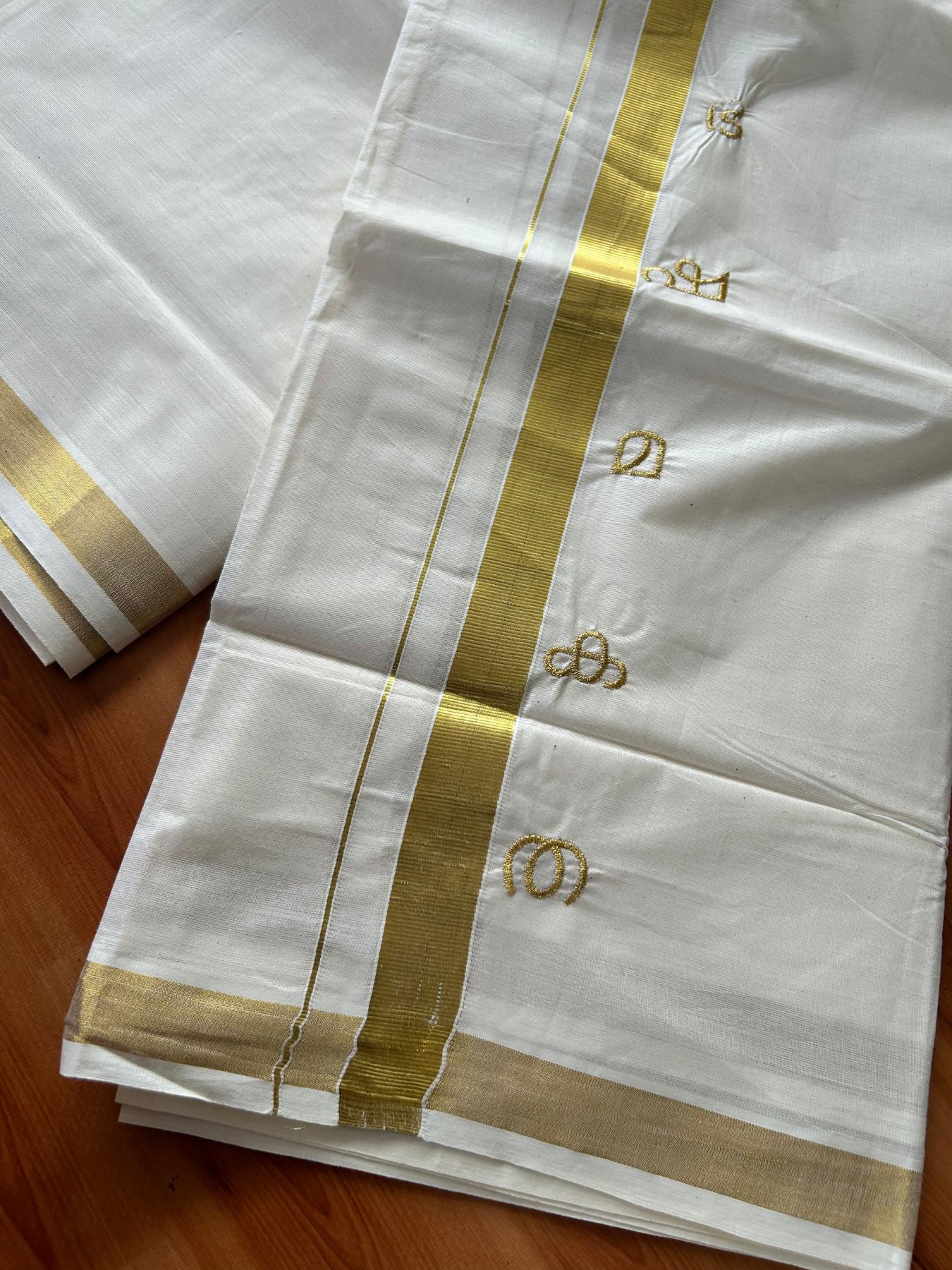 Double Off White (Unbleached) Mundu/Dhoti - 20% Discount!! KaithariKada Mixed Cotton (60s) - 2.25 inch Gold Kasav Aksharamala Printed Kara 4 mtr (8.5 Muzham) - 5 KK5487 CKS