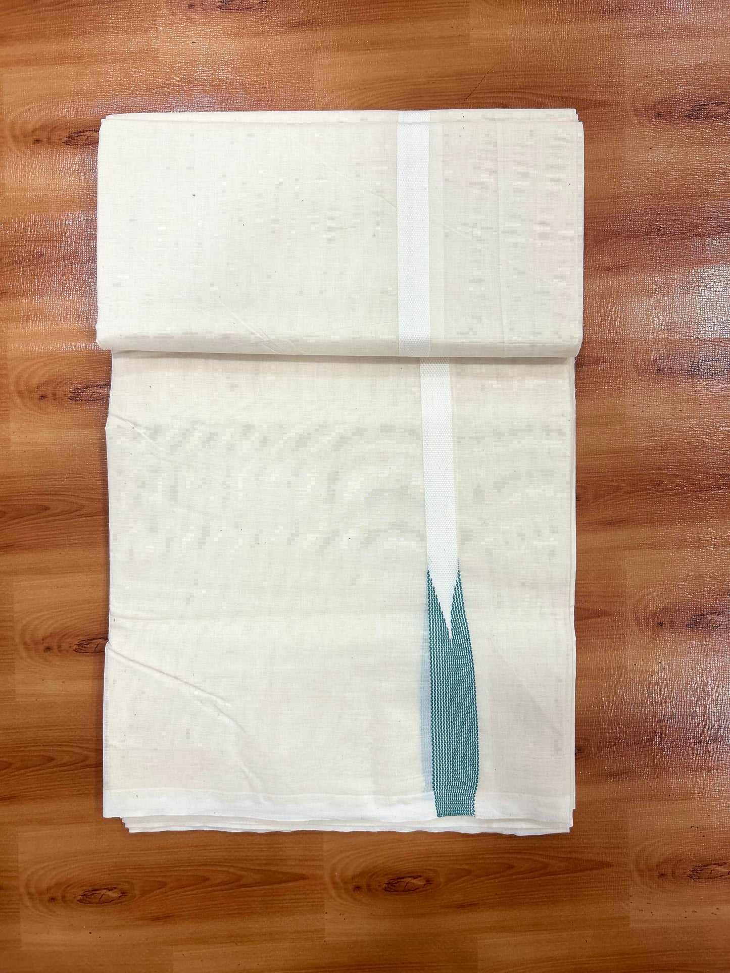 Double Off white Mundu/Dhoti - 23% Discount! KaithariKada Balaramapuram 100% Cotton - 100x100 - 0.5 inch Puliyilakkara Keppel Cyan Striped Chutty Kara - 4 mtr (8.5 muzham) - 13 KK5401 ASH