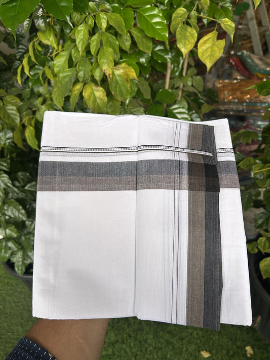 20% Discount! KaithariKada Balaramapuram 100% Cotton Double Pure white Mundu/Dhoti - 100X80 - 1.5 inch Black & Army Green shaded kara - 4 mtr ( 8.5 muzham) - 109 KK5341 VIN