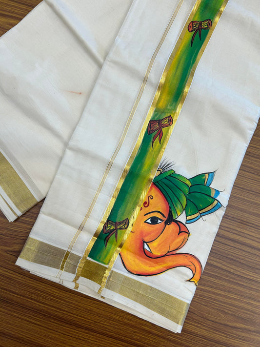 20% Discount! KaithariKada Balaramapuram 100% Cotton off white Double - (Unbleached) Mundu/Dhoti (80s) - 1.75 Inch Gold Kasavu Hand Painted Green Yellow Damru & Ganapathi - 32 KK5363 VIN