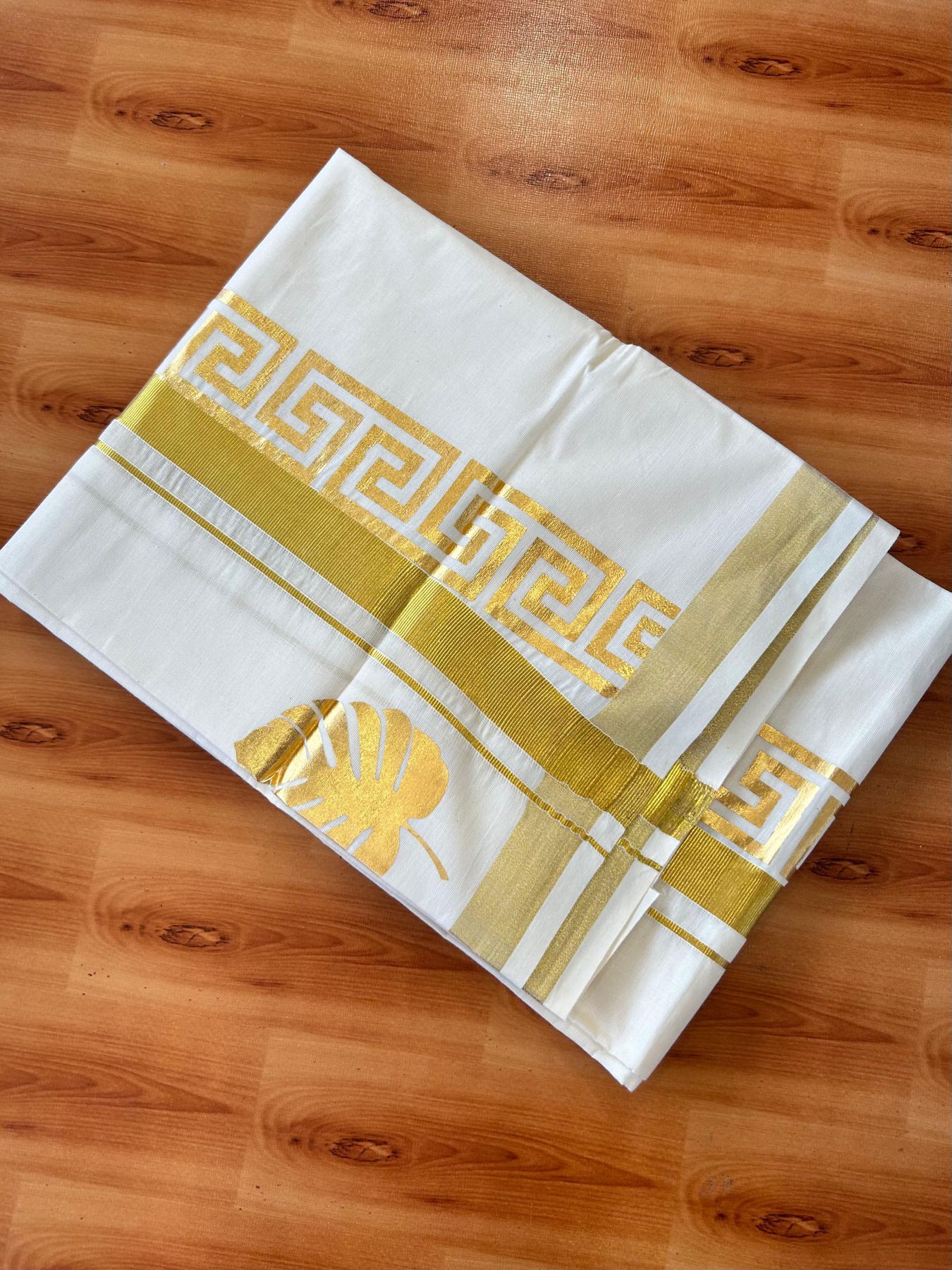 Double Off White (Unbleached) Mundu/Dhoti - 20% Discount!! KaithariKada Mixed Cotton (60s) - 3 inch Gold Kasav Printed Designer Kara 4 mtr (8.5 Muzham) - 6 KK5487 CKS