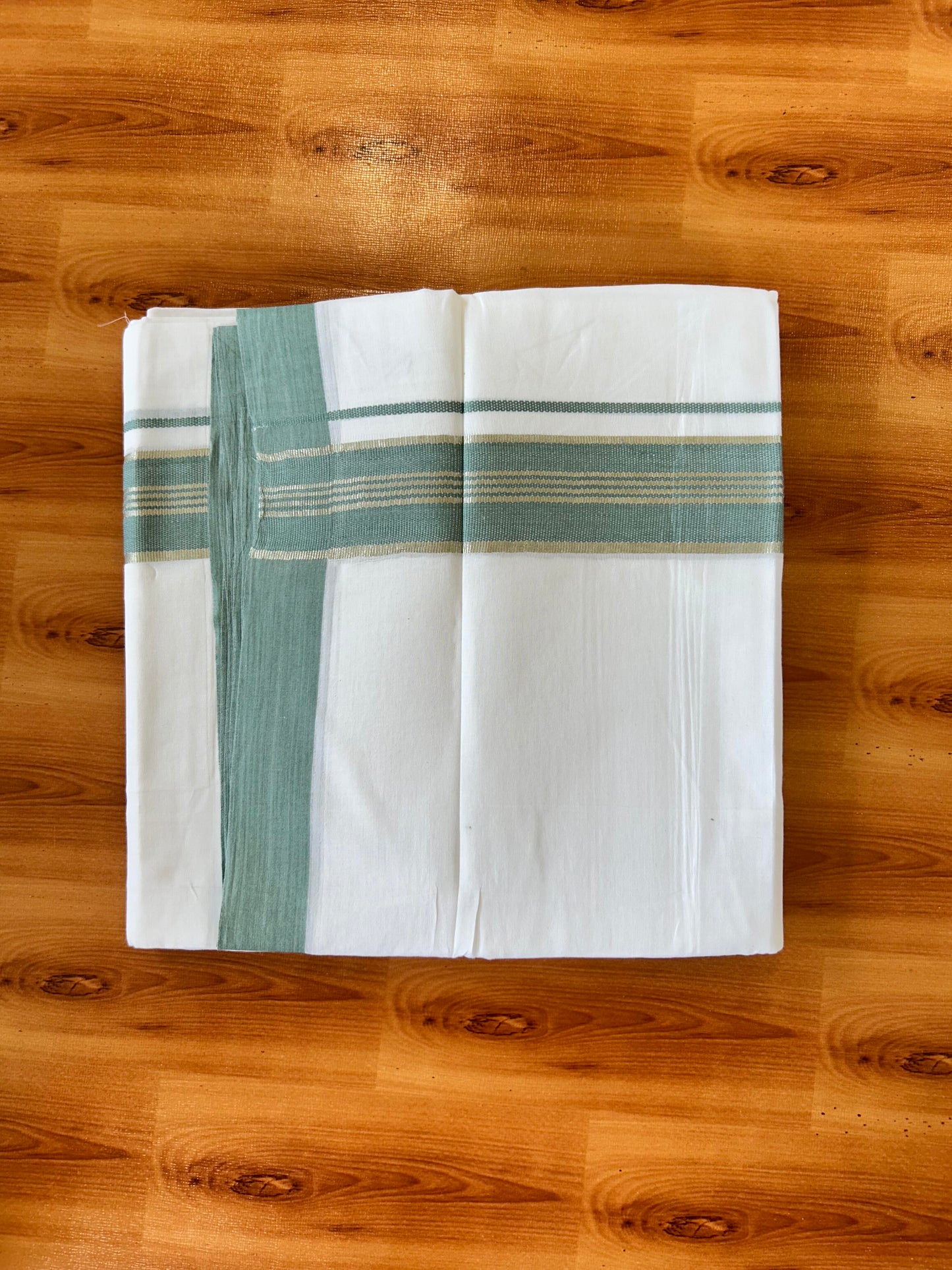 Pure White Double Mundu/Dhoti - 20% Discount ! Kaitharikada Balaramapuram 100% Cotton - 100x80 - 1.75 inch Silver Kasav & Seafoam Green Stripes Kara 3.80 mtr (8 muzham) - 10 KK5456 THI