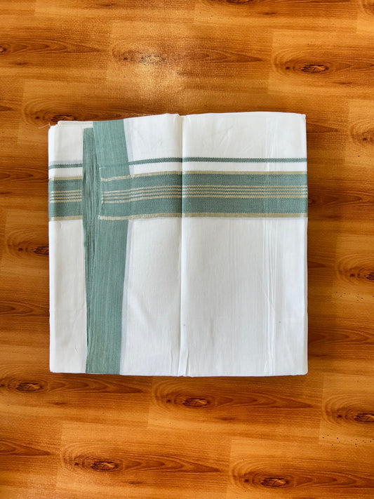 Pure White Double Mundu/Dhoti - 20% Discount ! Kaitharikada Balaramapuram 100% Cotton - 100x80 - 1.75 inch Silver Kasav & Seafoam Green Stripes Kara 3.80 mtr (8 muzham) - 10 KK5456 THI