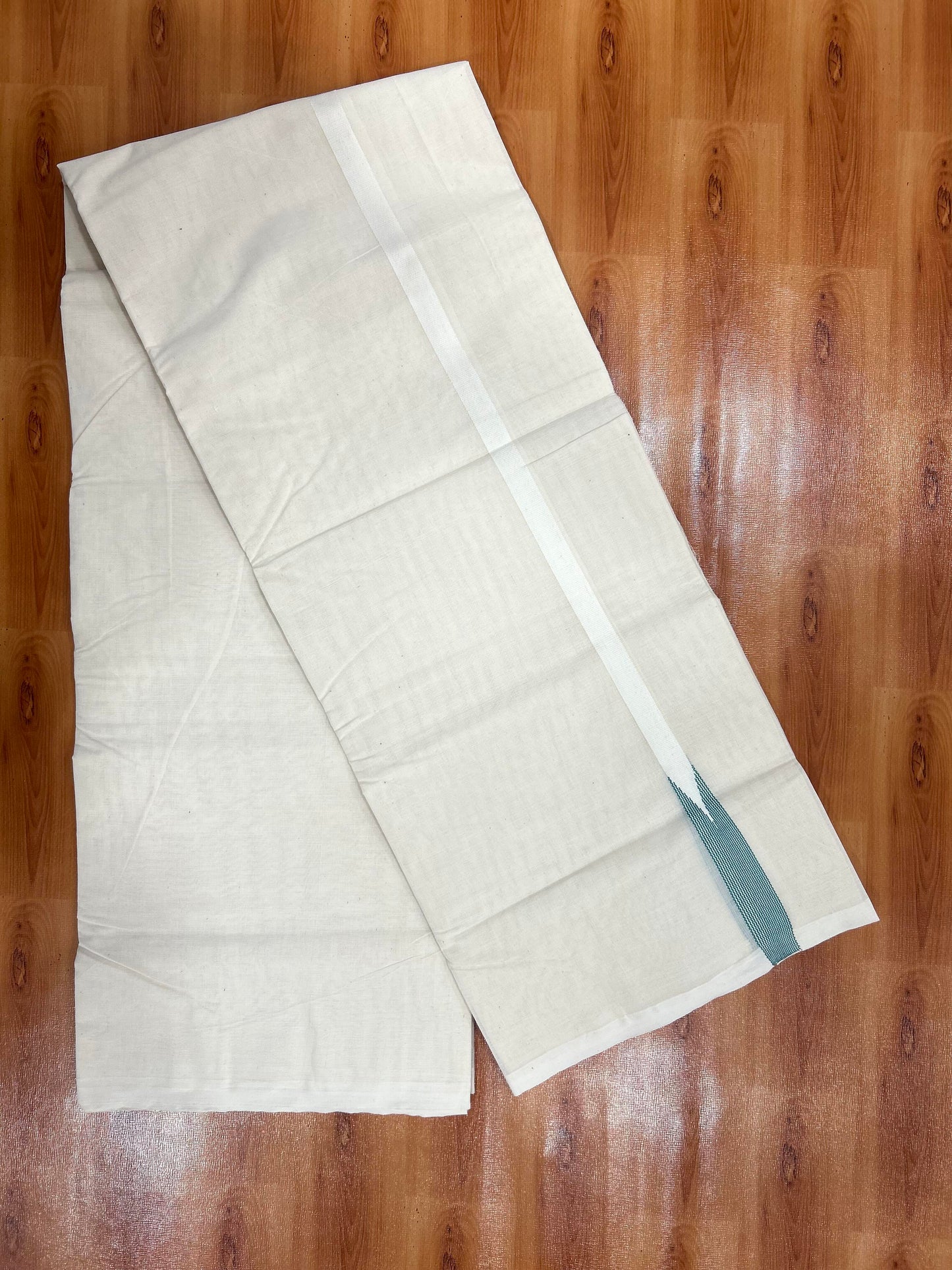 Double Off white Mundu/Dhoti - 23% Discount! KaithariKada Balaramapuram 100% Cotton - 100x100 - 0.5 inch Puliyilakkara Keppel Cyan Striped Chutty Kara - 4 mtr (8.5 muzham) - 13 KK5401 ASH