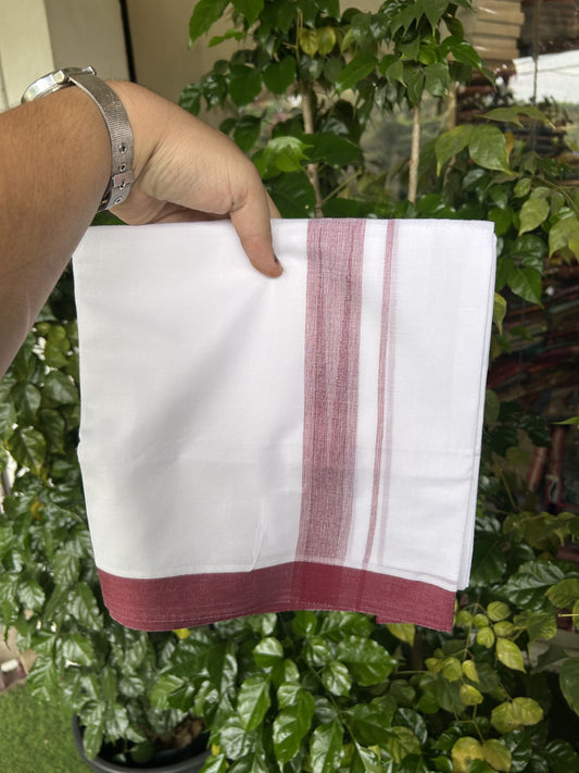 20% Discount! KaithariKada Balaramapuram 100% Cotton Double Pure white Mundu/Dhoti- 100X80 - 1.25 inch Puliyilakkara Maroon Chutty kara - 4 mtr ( 8.5 muzham) - 5 KK5341 VIN