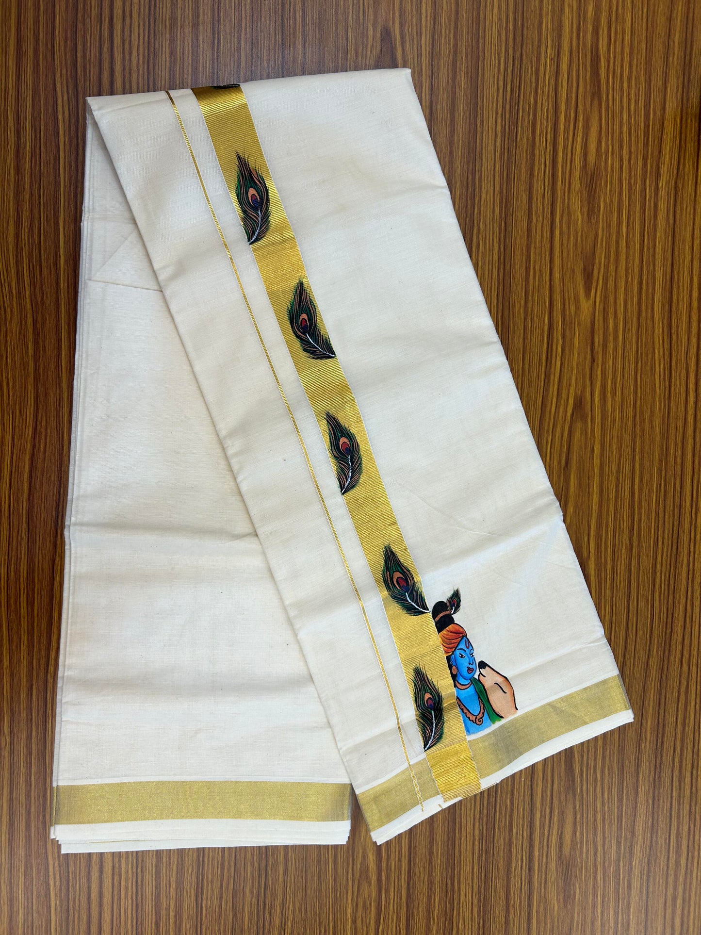 20% Discount! KaithariKada Balaramapuram 100% Cotton off white Double - (Unbleached) Mundu/Dhoti (80s) - 1.5 Inch Gold Kasavu Hand Painted Peacock Feather & Krishna - 86 KK5363 VIN