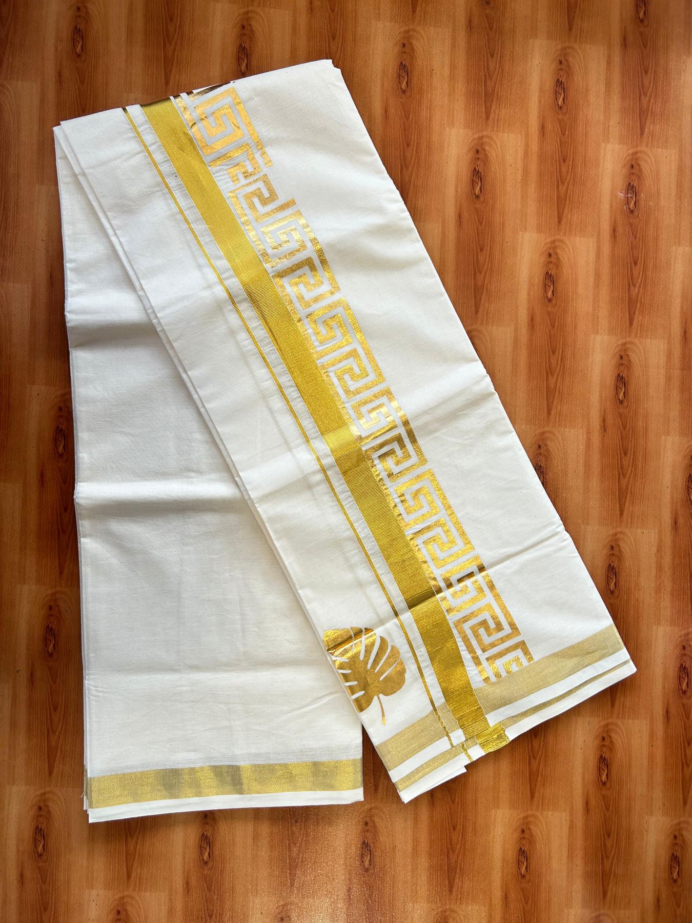 Double Off White (Unbleached) Mundu/Dhoti - 20% Discount!! KaithariKada Mixed Cotton (60s) - 3 inch Gold Kasav Printed Designer Kara 4 mtr (8.5 Muzham) - 6 KK5487 CKS