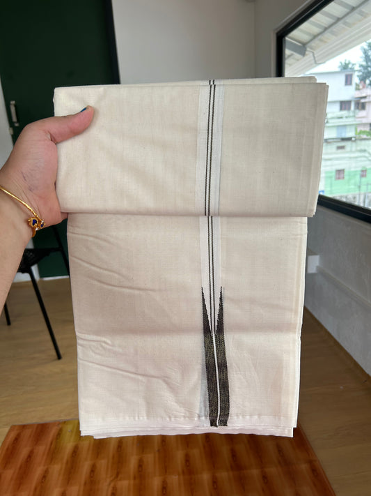 20% Discount! KaithariKada Balaramapuram 100% Cotton Double Off white Mundu/Dhoti- 100x100 - 0.75 inch Puliyilakkara Gold Kasav & Black Shaded Chutty Kara - 4 mtr (8.5 muzham) - 7 KK5381 ASH