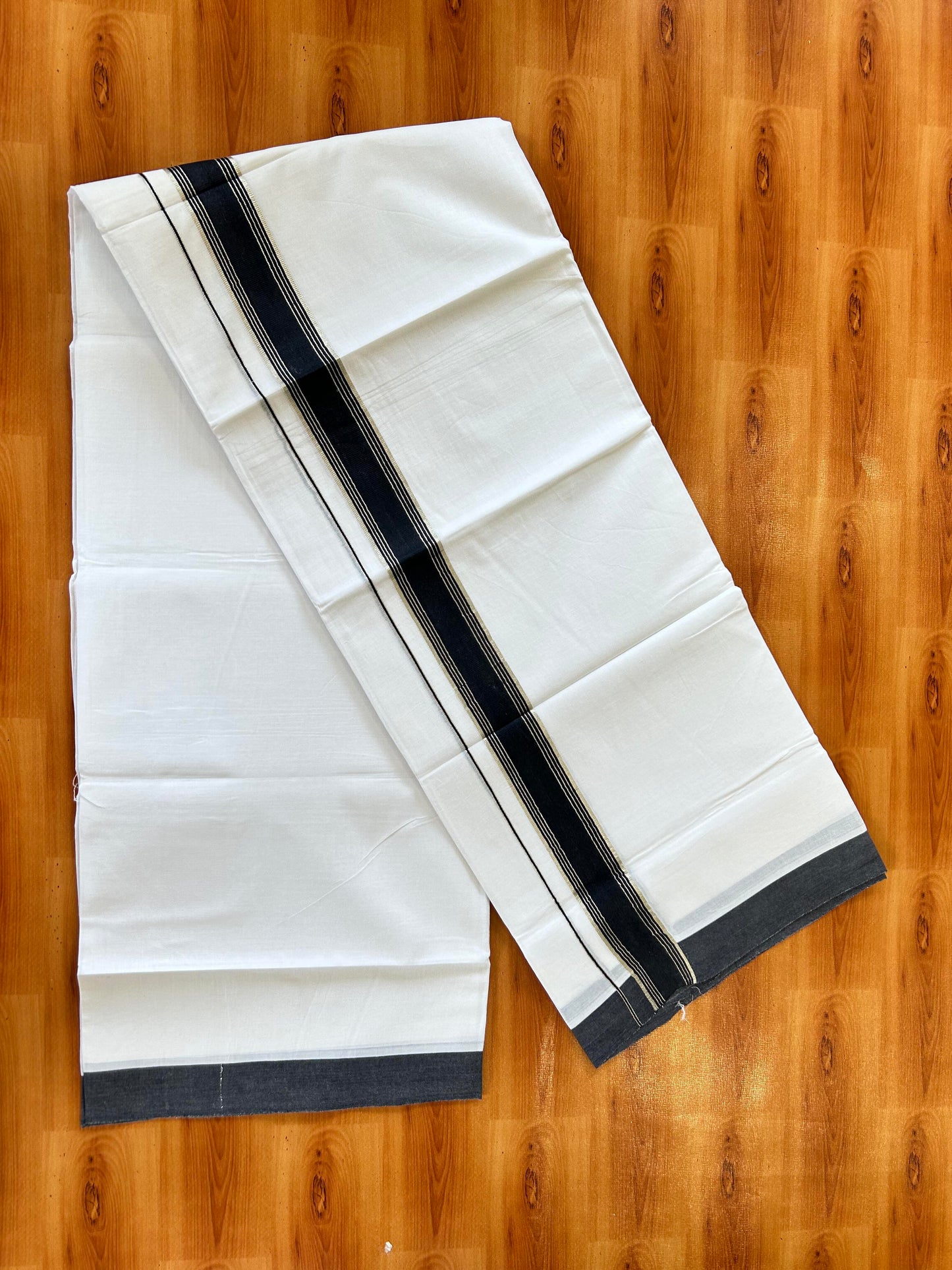 Pure White Double Mundu/Dhoti - 20% Discount ! Kaitharikada Balaramapuram 100% Cotton - 100x80 - 1.5 inch Silver Kasav & Black Stripes Kara 3.80 mtr (8 muzham) - 9 KK5456 THI