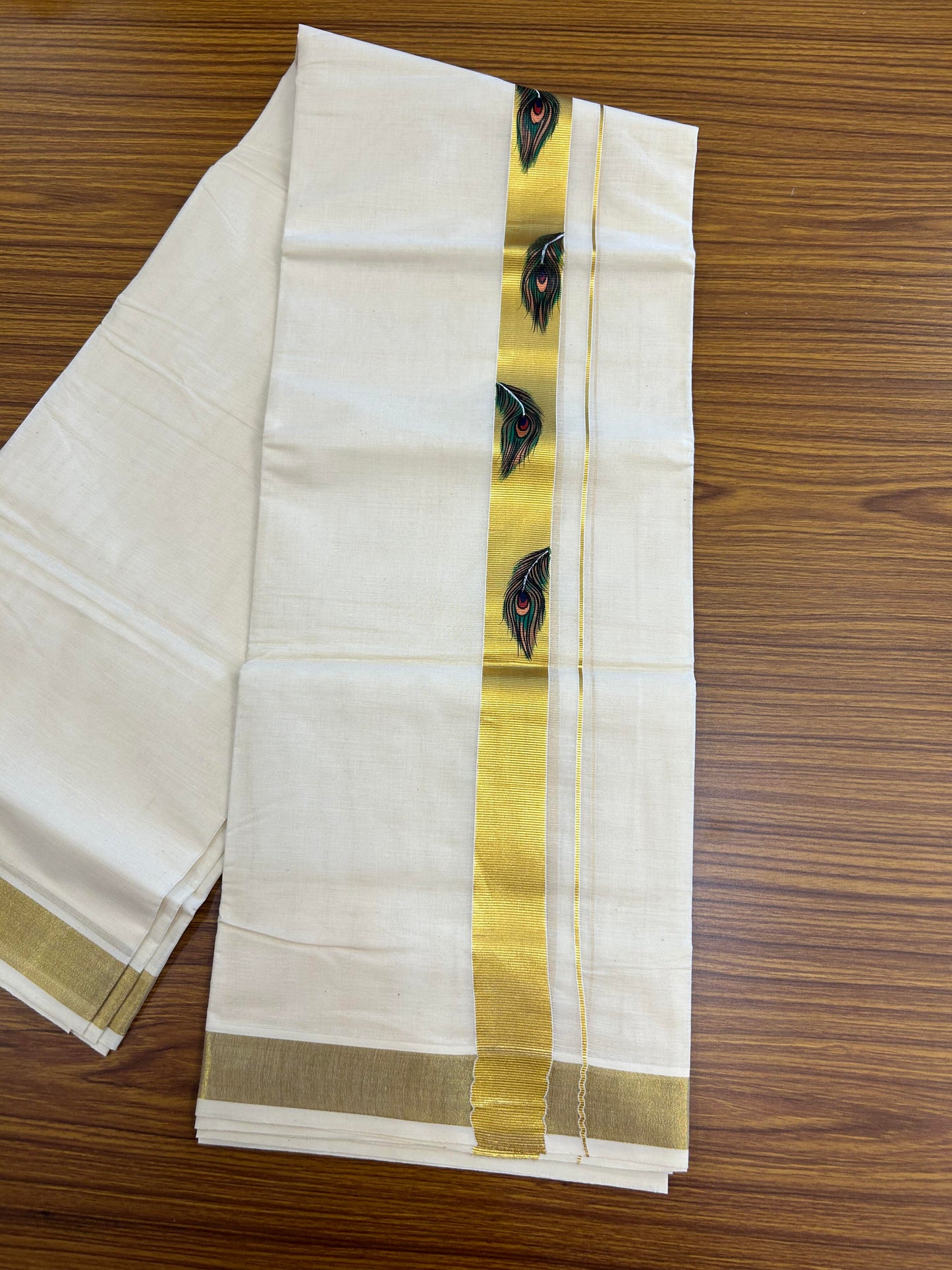 20% Discount! KaithariKada Balaramapuram 100% Cotton off white Double - (Unbleached) Mundu/Dhoti (80s) - 1.5 Inch Gold Kasavu Hand Painted Peacock Feather & Krishna - 86 KK5363 VIN