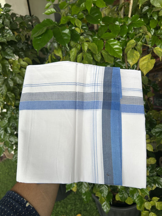 20% Discount! KaithariKada Balaramapuram 100% Cotton Double Pure white Mundu/Dhoti- 100X80 - 1.5 inch Blue & Dark Blue kara - 4 mtr ( 8.5 muzham) - 10 KK5341 VIN