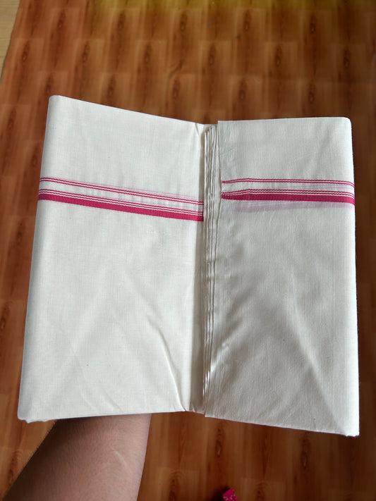 20% Discount ! KaithariKada Balaramapuram 100% Cotton Double Off white (Unbleached) Mundu/Dhoti-100X100-  Dark Pink & Stripes 1.cm  Kara.- 15/1123ASH011.1