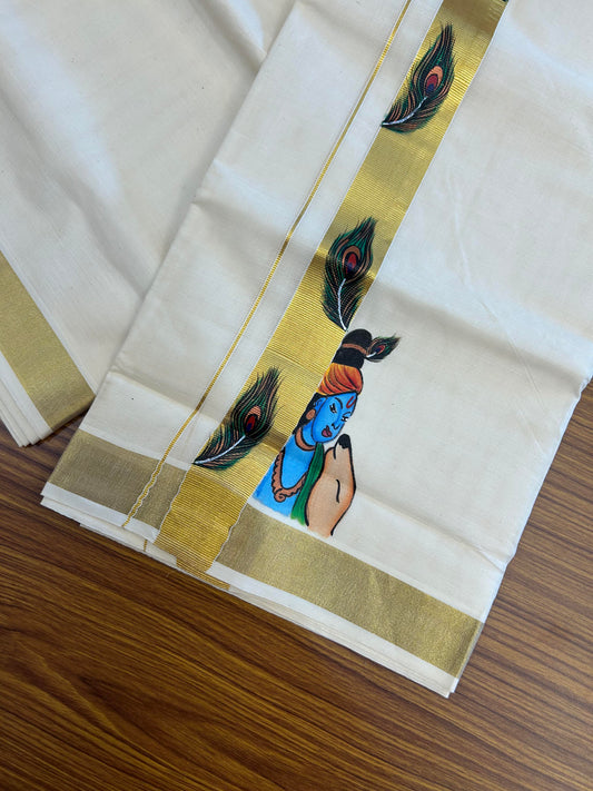 20% Discount! KaithariKada Balaramapuram 100% Cotton off white Double - (Unbleached) Mundu/Dhoti (80s) - 1.5 Inch Gold Kasavu Hand Painted Peacock Feather & Krishna - 86 KK5363 VIN