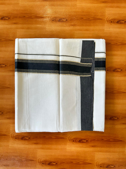 Pure White Double Mundu/Dhoti - 20% Discount ! Kaitharikada Balaramapuram 100% Cotton - 100x80 - 1.5 inch Silver Kasav & Black Stripes Kara 3.80 mtr (8 muzham) - 9 KK5456 THI