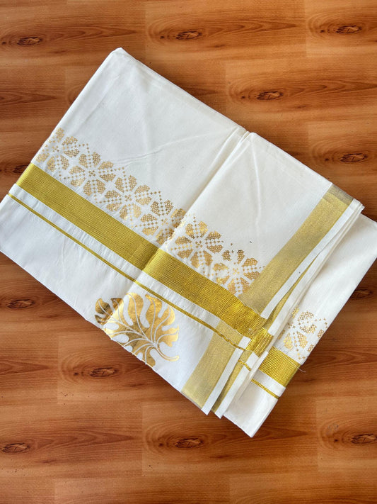 Double Off White (Unbleached) Mundu/Dhoti - 20% Discount!! KaithariKada Mixed Cotton (60s) - 3 inch Gold Kasav Printed Designer Kara 4 mtr (8.5 Muzham) - 7 KK5487 CKS