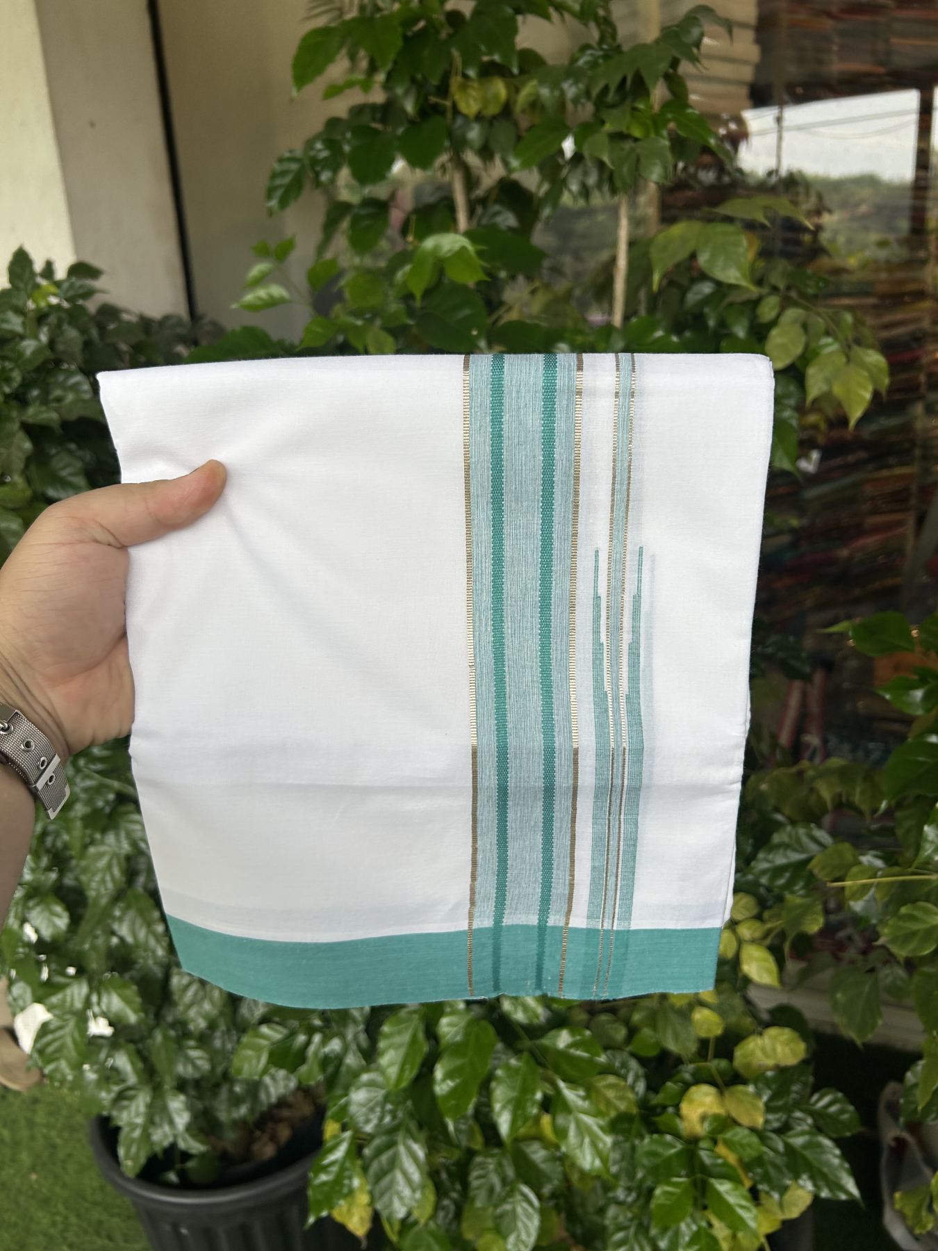 20% Discount! KaithariKada Balaramapuram 100% Cotton Double Pure white Mundu/Dhoti- 100X80 - 1.5 inch Puliyilakkara Silver Kasav & Turquoise Green Chutty Kara - 4 mtr ( 8.5 muzham) - 27 KK5341 VIN