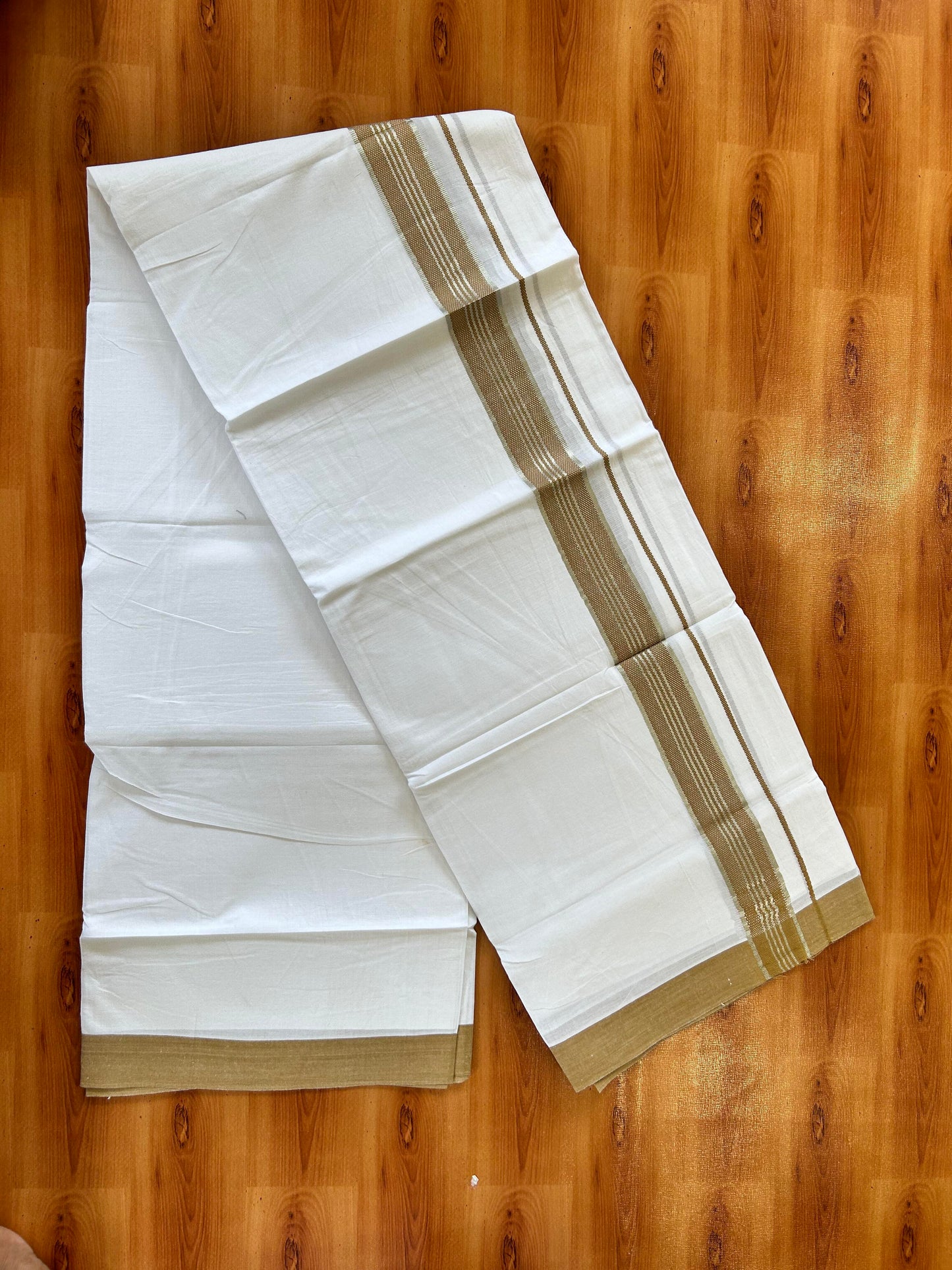 Pure White Double Mundu/Dhoti - 20% Discount ! Kaitharikada 100% Cotton - 100x80 - 1.75 inch Silver Kasav & Golden Brown Stripes Kara 3.80 mtr (8 muzham) - 26 KK5456 THI