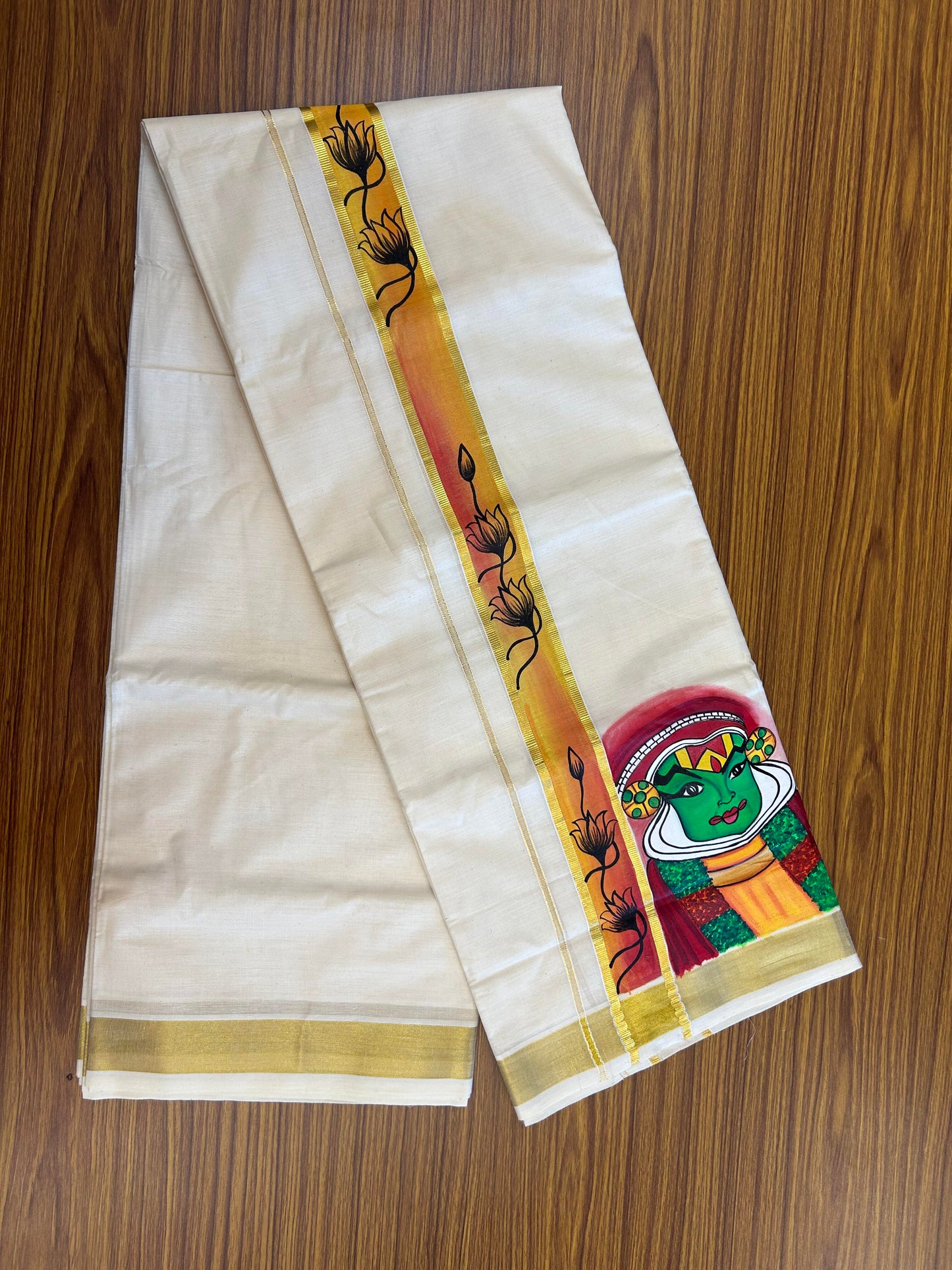 20% Discount! KaithariKada Balaramapuram 100% Cotton off white Double - (Unbleached) Mundu/Dhoti (80s) - 1.75 Inch Gold Kasavu Hand Painted Red Yellow Lotus & Kadhakali - 30 KK5363 VIN