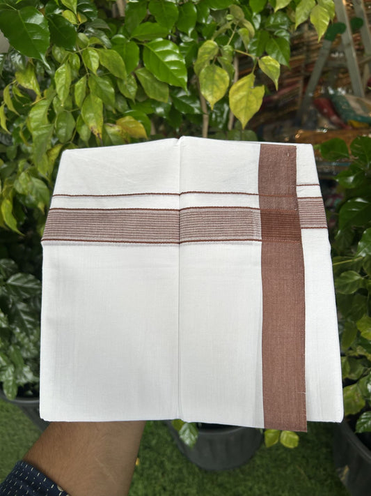 20% Discount! KaithariKada Balaramapuram 100% Cotton Double Pure white Mundu/Dhoti- 100X80 - 1.25 inch Dark Brown Striped Kara - 4 mtr ( 8.5 muzham) - 34 KK5341 VIN
