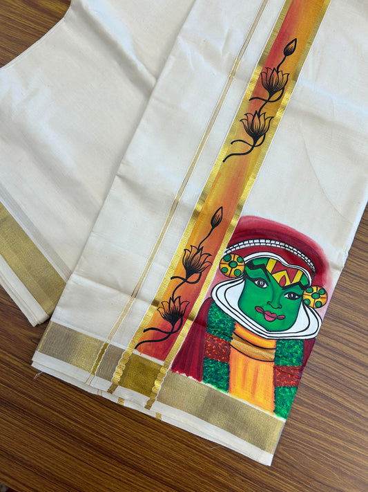 20% Discount! KaithariKada Balaramapuram 100% Cotton off white Double - (Unbleached) Mundu/Dhoti (80s) - 1.75 Inch Gold Kasavu Hand Painted Red Yellow Lotus & Kadhakali - 30 KK5363 VIN