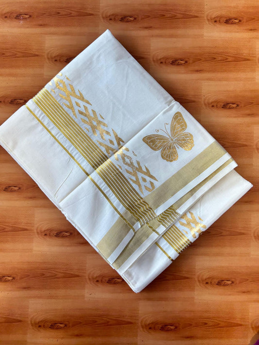 Double Off White (Unbleached) Mundu/Dhoti - 20% Discount!! KaithariKada Mixed Cotton (60s) - 2.5 inch Gold Kasav Striped & Printed Designer Kara 4 mtr (8.5 Muzham) - 8 KK5487 CKS