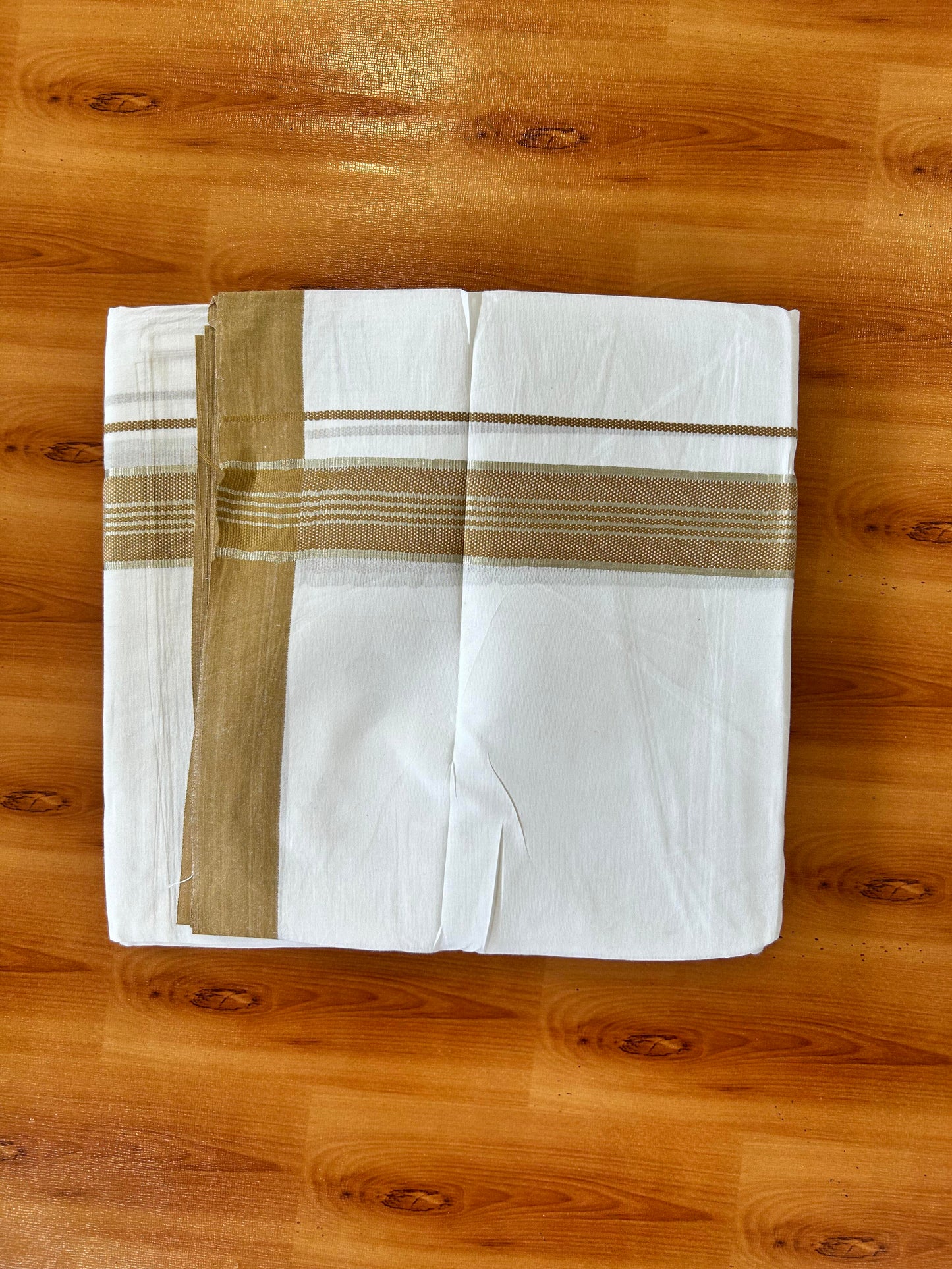 Pure White Double Mundu/Dhoti - 20% Discount ! Kaitharikada 100% Cotton - 100x80 - 1.75 inch Silver Kasav & Golden Brown Stripes Kara 3.80 mtr (8 muzham) - 26 KK5456 THI