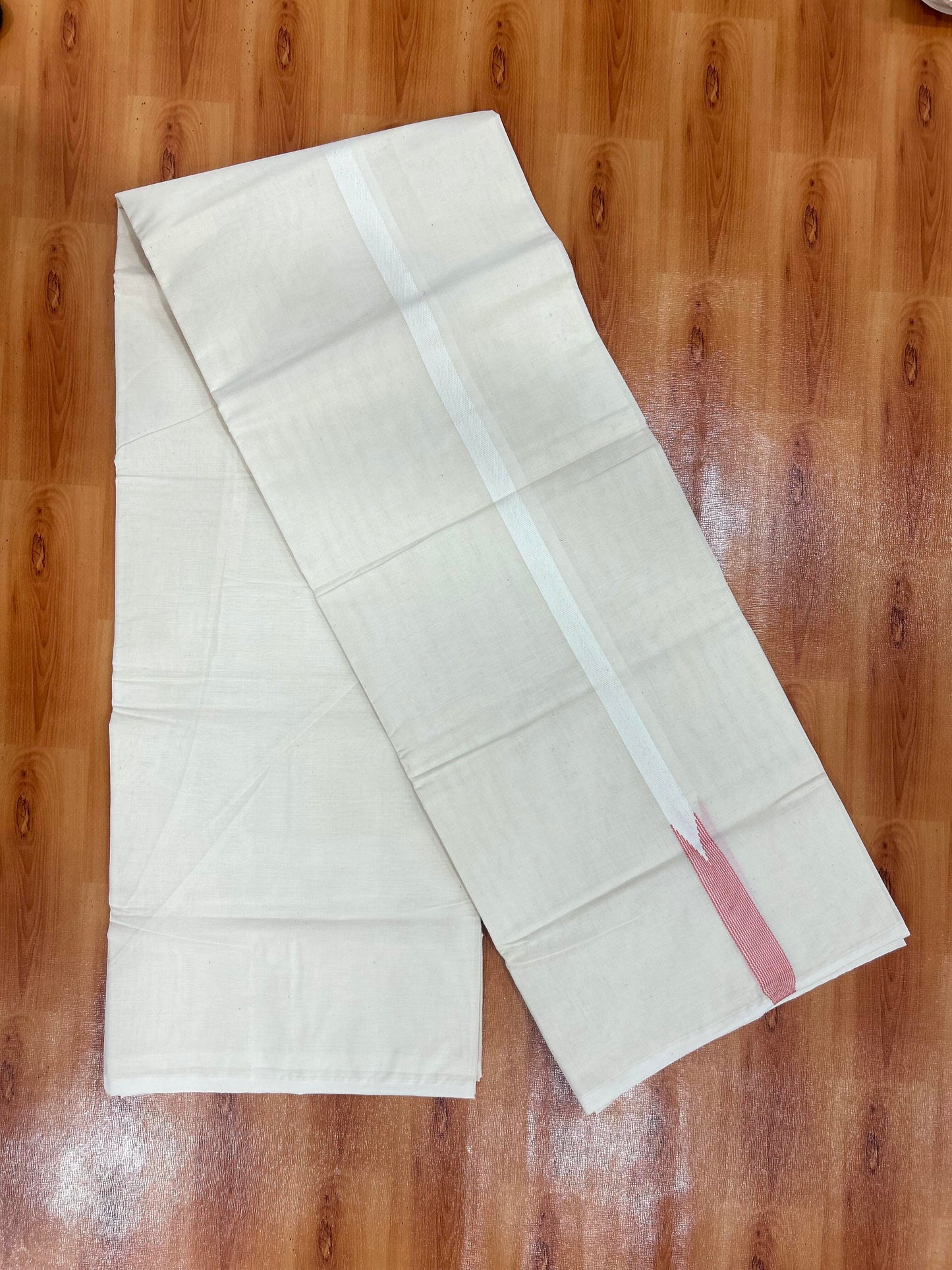Double Off white Mundu/Dhoti - 20% Discount! KaithariKada Balaramapuram 100% Cotton - 100x100 - 0.5 inch Puliyilakkara Peach Pink Striped Chutty Kara - 4 mtr (8.5 muzham) - 9 KK5401 ASH