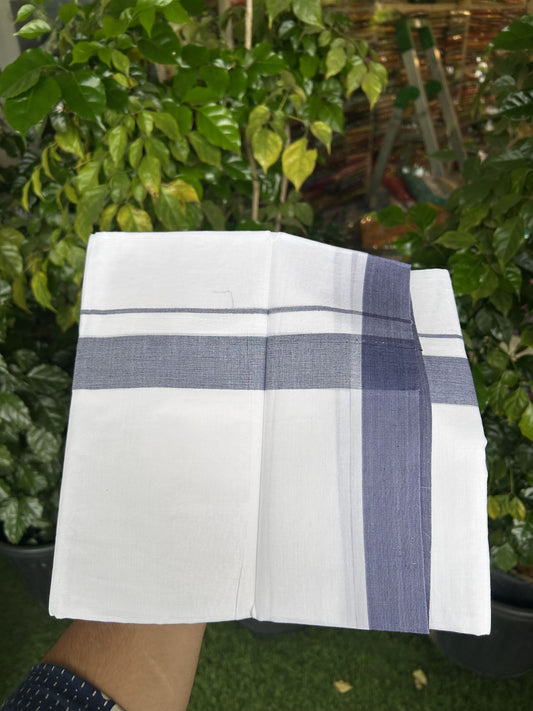 20% Discount! KaithariKada Balaramapuram 100% Cotton Double Pure white Mundu/Dhoti - 100X80 - 1.5 inch Navy Blue shaded kara - 4 mtr ( 8.5 muzham) - 48 KK5341 VIN